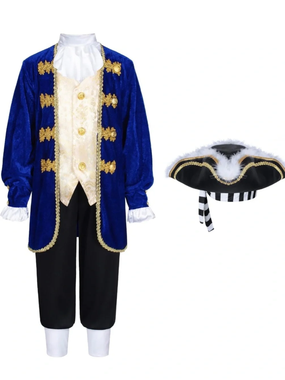 Blue velvet pirate costume with gold trim and white ruffled collar, Boys 8-10